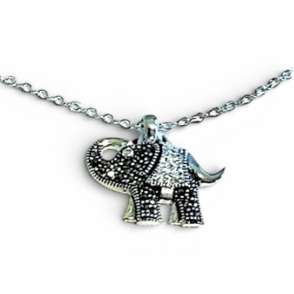 Silver Lucky Elephant (with Trunk Up) Pendant Necklace with Marcasite - Picture 1 of 5